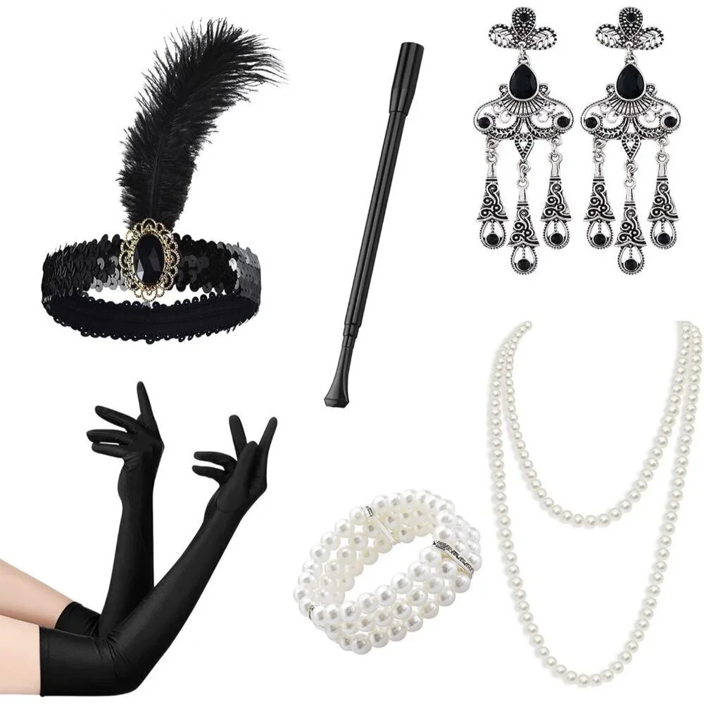 1920s Flapper Costume Accessories Set Headband Gloves Earrings Pearl Necklace